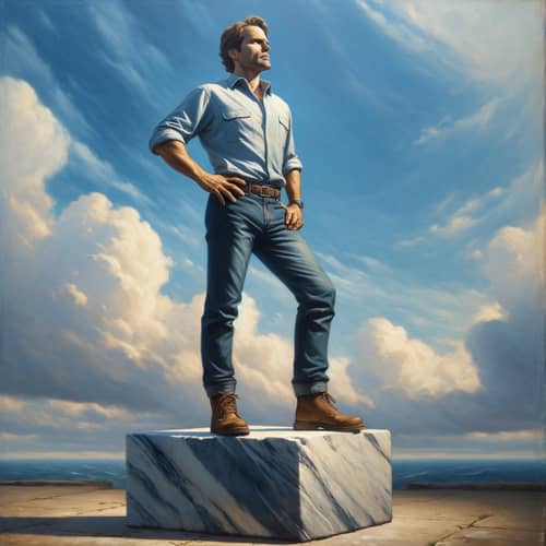 Realistic Oil Painting of Middle-Aged Caucasian Man on Marble Block
