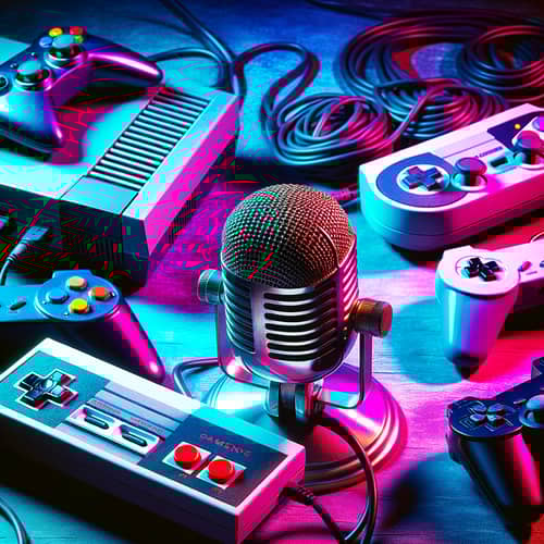 Gaming Podcast Setup with Vintage Microphone & Retro Consoles