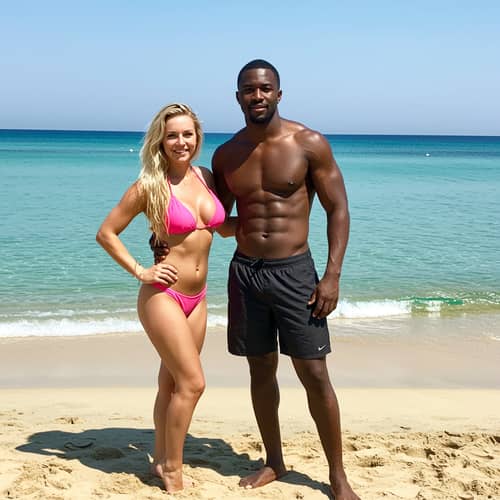 Muscular Black Man and White Woman on Beach