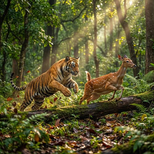 Bengal Tiger Chasing Deer in Lush Forest Scene Bengal Tiger Chasing Deer in Lush Forest Scene