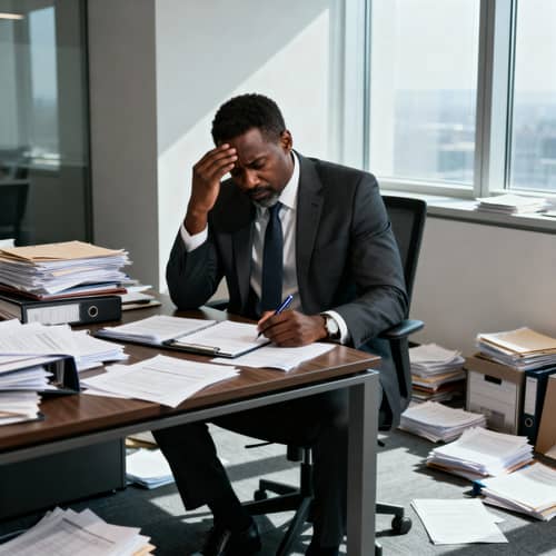 Stressed Executive in a Cluttered Office