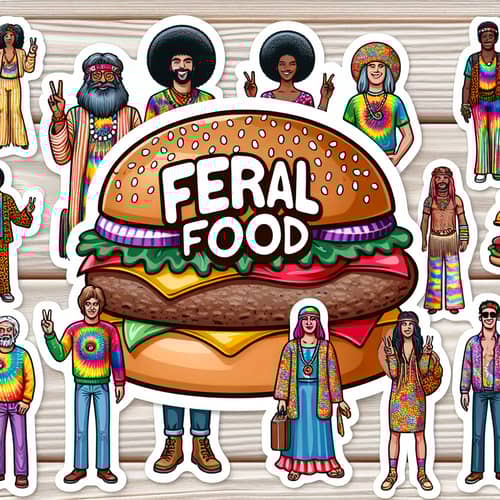 Feral Food Sticker: Juicy Hamburger with Groovy Hippie People