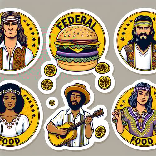 Colorful Burger Stickers with People in Hippie Style for Federal Food