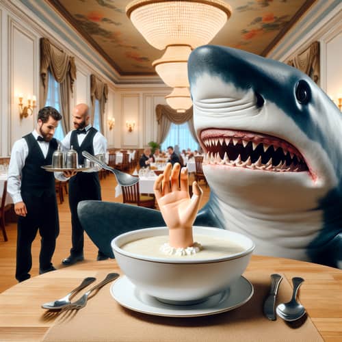Fancy Restaurant Scene with Shark Enjoying Creamy Soup