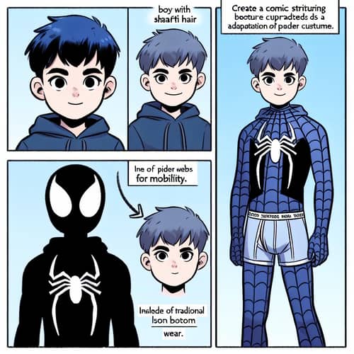 Spiderman Comic Strip: Short-Haired Boy in Blue Costume with Silver Chains