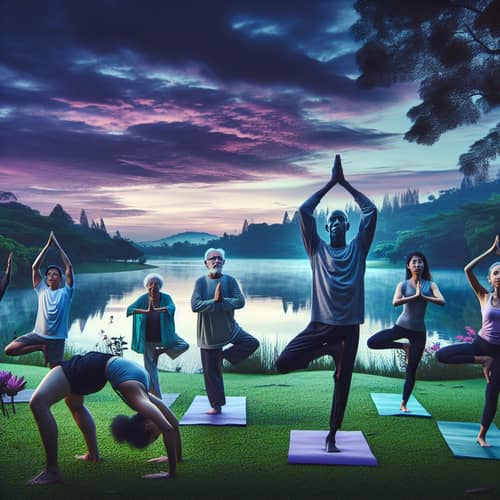 Diverse Group Practicing Yoga at Sunrise