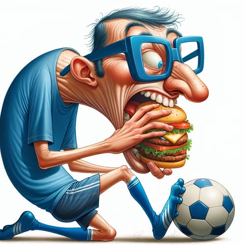 Tall Hunchbacked Man Playing Soccer and Eating Hamburger