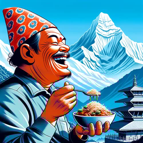 Cheerful Nepali Man Enjoying Local Cuisine with Himalayan Mountain View
