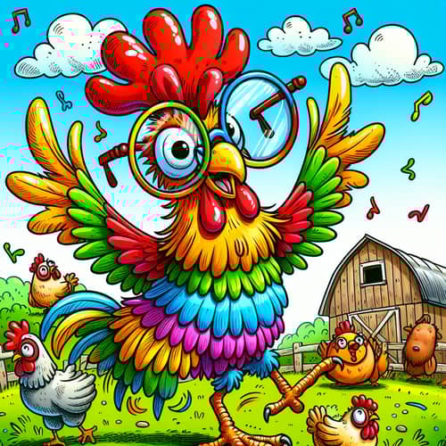 Colorful Crazy Chicken Dancing in Farm Landscape