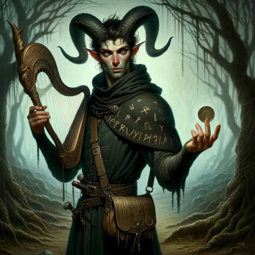 Mysterious Satyr with Magical Harp in Enchanted Forest