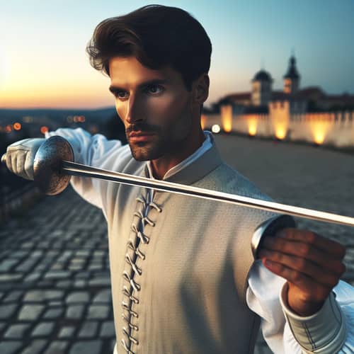 Caucasian Swordsman in Traditional Attire Practicing Fencing at Sundown