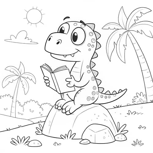 Coloring Page of a Reading Dinosaur