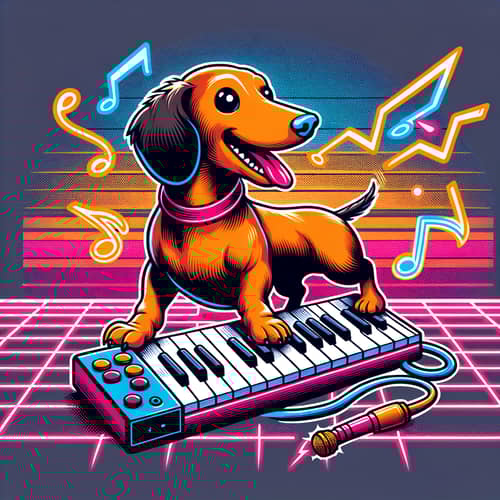 80s Retro Cartoon Dachshund Playing Keyboard | Vibrant Colors