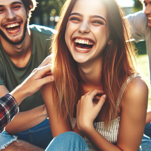 Joyful 19-Year-Old Caucasian Girl Having Fun with Friends in Sunny Park
