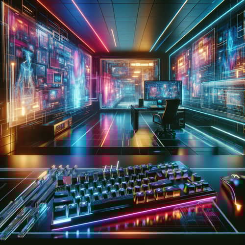 Futuristic Cyberpunk Office Space with Holographic Screens