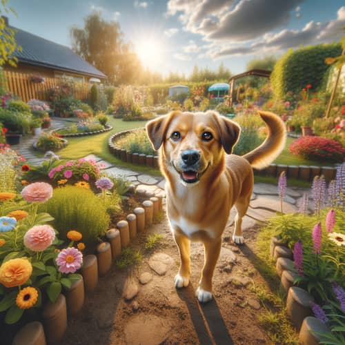 Dog in Beautiful Garden with Flowers - Joyful Scene