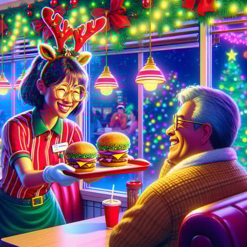 Festive Fast Food Restaurant Scene - Joyous Holiday Atmosphere