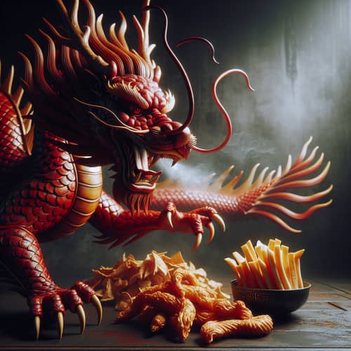 Intricate Chinese Red Dragon with Hot Fried Snacks in Dimly Lit Environment