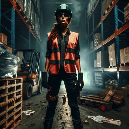 Warehouse Worker Horror Scene - Suspenseful Hispanic Woman