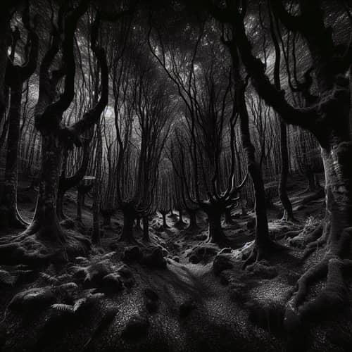 Eerie Dark Forest: Abstract Depiction of a Mysterious Landscape