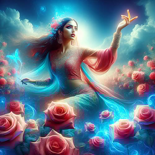 Surreal Portrait of South Asian Woman in Vibrant Rose Garden