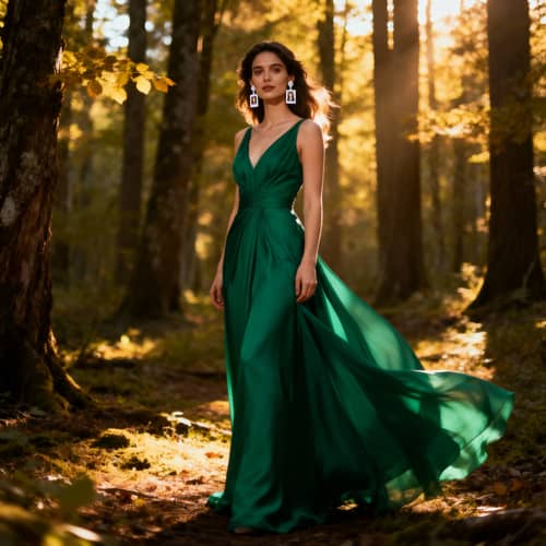 Elegant Woman in Emerald Dress in Serene Forest Elegant Woman in Emerald Dress in Serene Forest