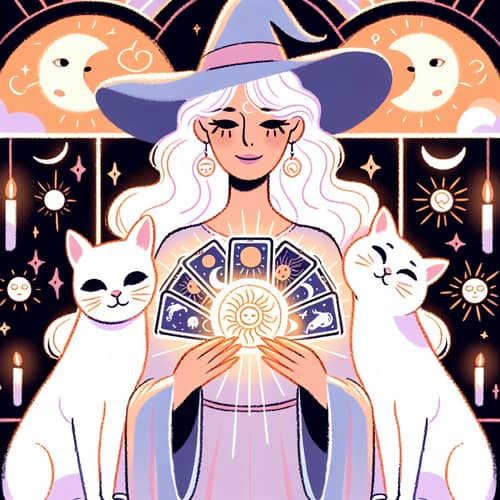 Cartoon Style White Witch with Cats: Compassion and Love