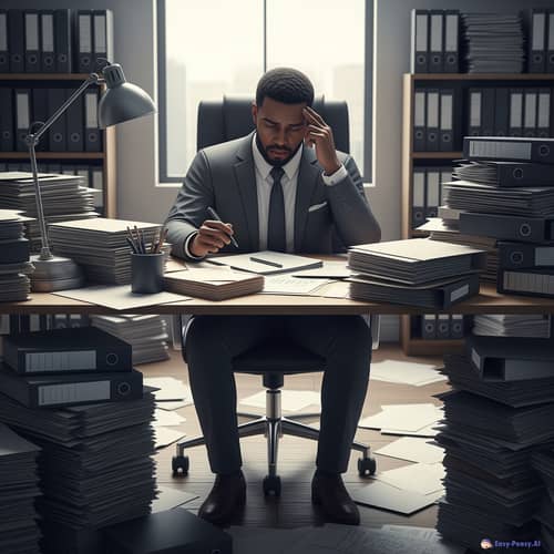 Stressed Businessman at a Cluttered Office Desk