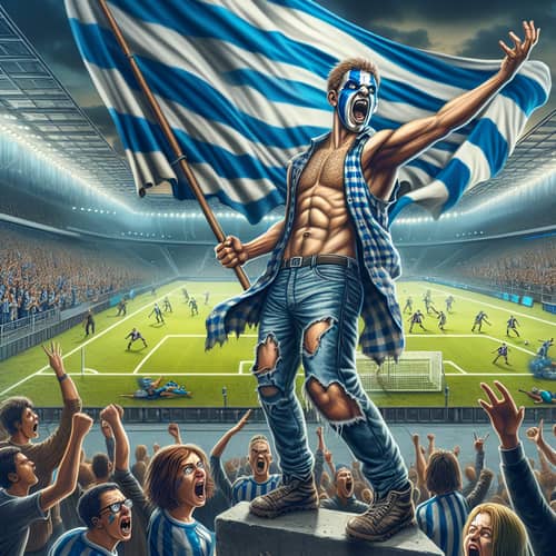 Chaos Unleashed: Hooligan's Blue & White Flag Antics at Sports Stadium