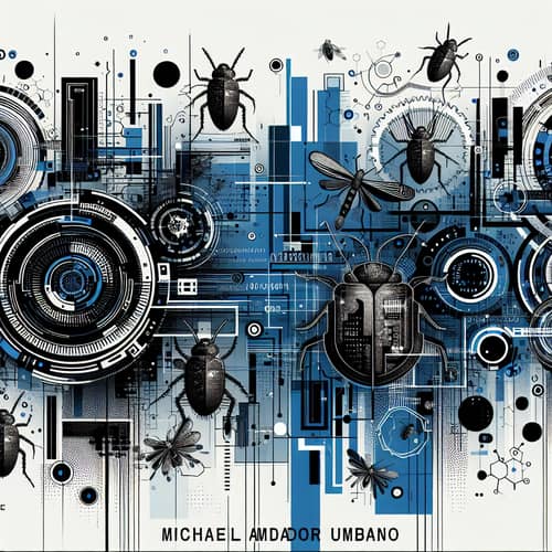 Abstract Bug and Code Designs in Black and Blue for Wallpaper