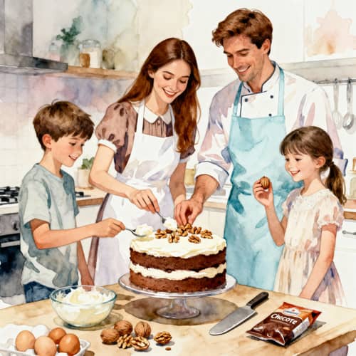 Joyful Family Kitchen Scene in Watercolor Joyful Family Kitchen Scene in Watercolor