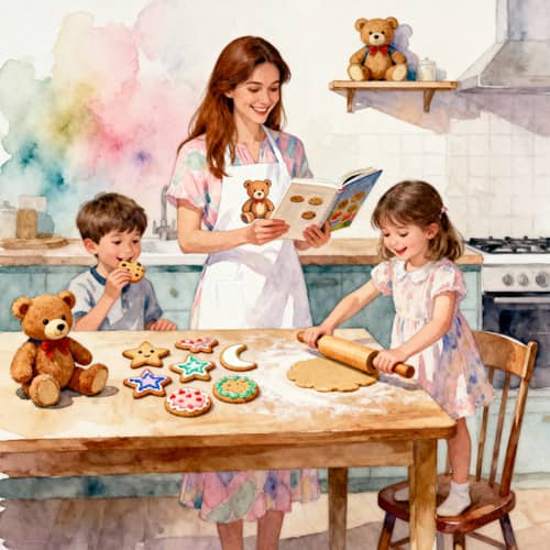 Warm Kitchen Family Scene in Watercolor Art Warm Kitchen Family Scene in Watercolor Art
