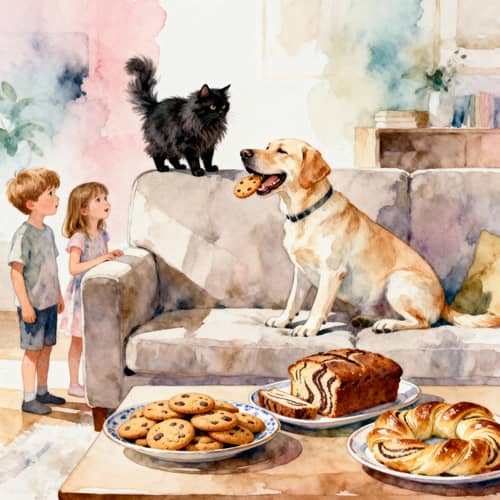 Joyful Living Room Scene with Children and Pets Joyful Living Room Scene with Children and Pets