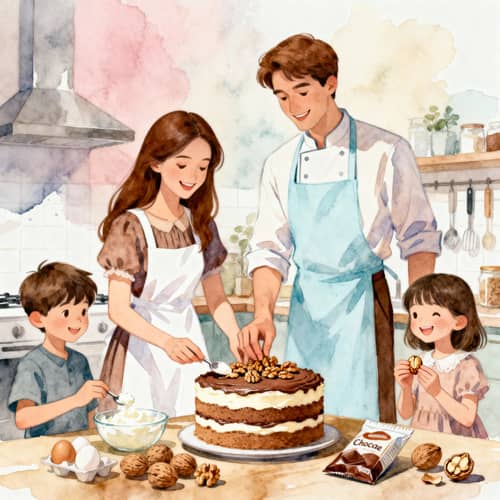 Cozy Family Kitchen Scene with Cake Decoration Cozy Family Kitchen Scene with Cake Decoration