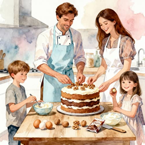 Cozy Family Baking in Watercolor Art Cozy Family Baking in Watercolor Art