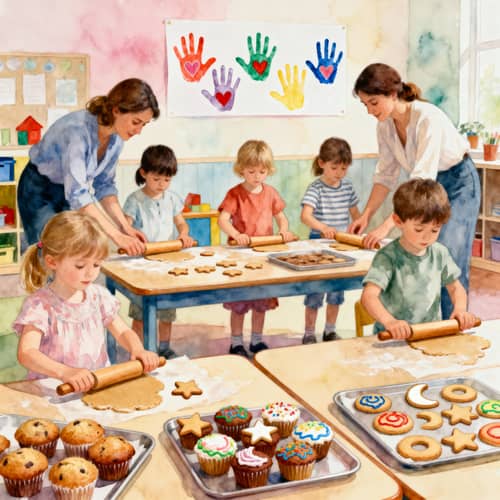 Joyful Kindergarten Baking Scene in Watercolor