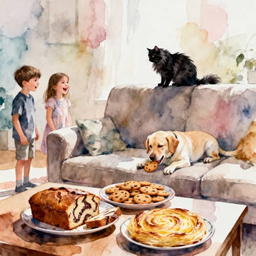 Joyful Moment: Kids and Pets in a Cozy Living Room