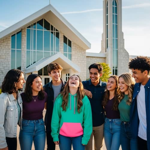 Teenagers Laughing in Front of Modern Christian Church