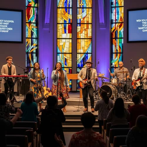 Diverse Christian Gospel Band in Modern Church