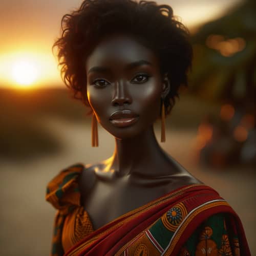 Elegant African Woman in Vibrant Traditional Attire at Sunset