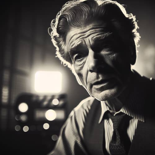 Vintage Bollywood Noir Actor: Intense Monologue in Dimly Lit Room