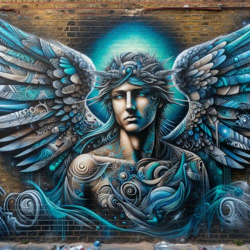 Mystical Street Graffiti: Angelic Figure in Blue and Green