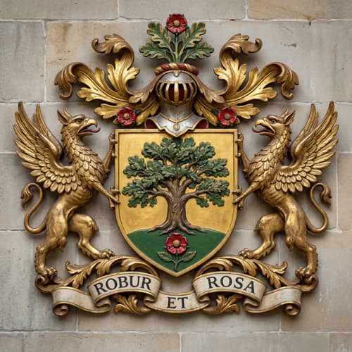 Classic Noble Family Crest: Shield, Oak Tree & Rose