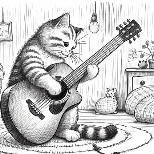 Joyful Cat Playing Guitar Sketch