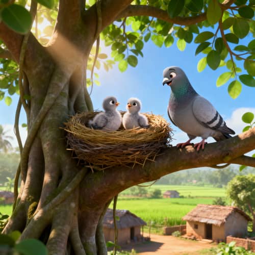 Charming Indian Village Scene with Pigeons Charming Indian Village Scene with Pigeons
