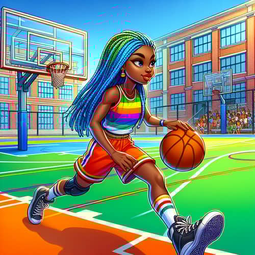 Energetic Nigerian Girl Playing Basketball on Vibrant School Court