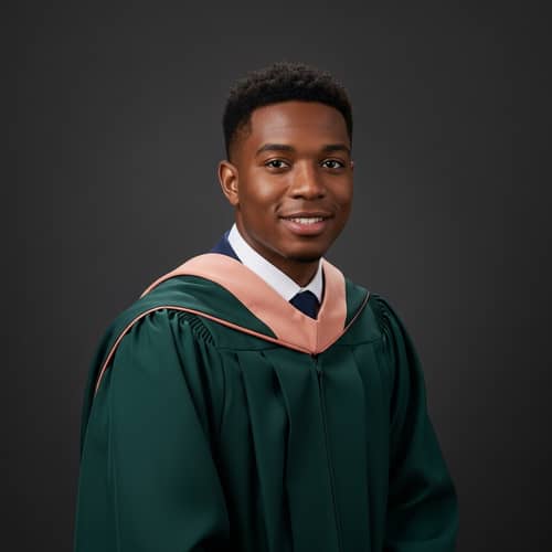 Graduation Portrait in Green Toga with Peach Hood