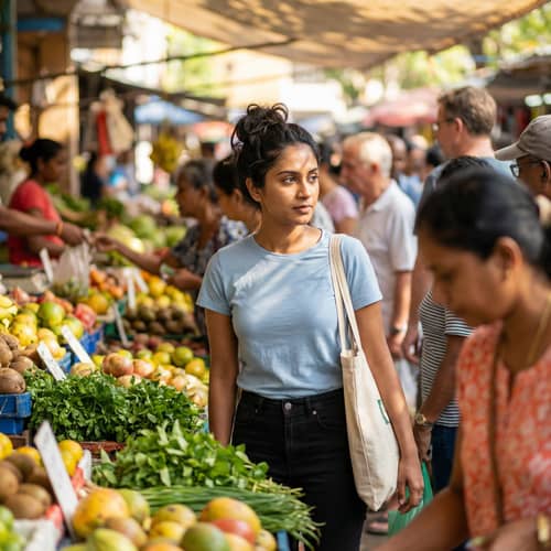 Vibrant Marketplace Scene with Thoughtful Woman Vibrant Marketplace Scene with Thoughtful Woman