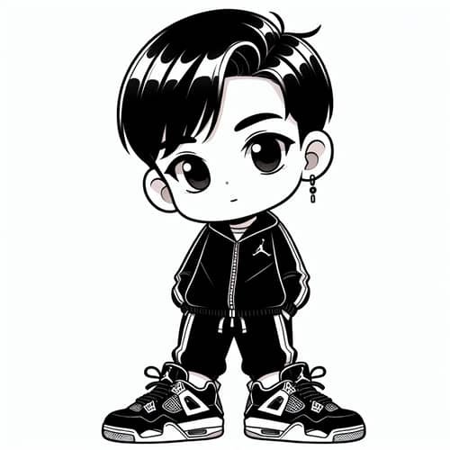 Cartoon-Style Boy in Black Track Suit with Jordan 4 Sneakers