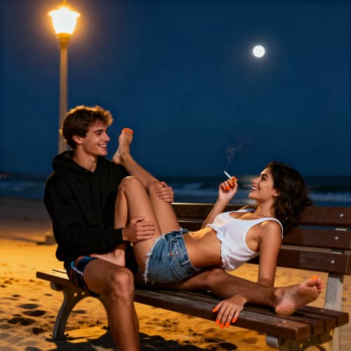 Romantic Beach Night: Couple on a Bench Romantic Beach Night: Couple on a Bench